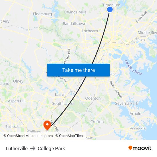 Lutherville to College Park map