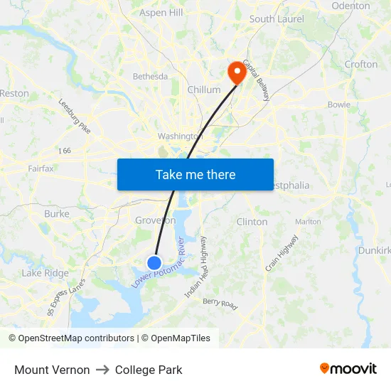 Mount Vernon to College Park map