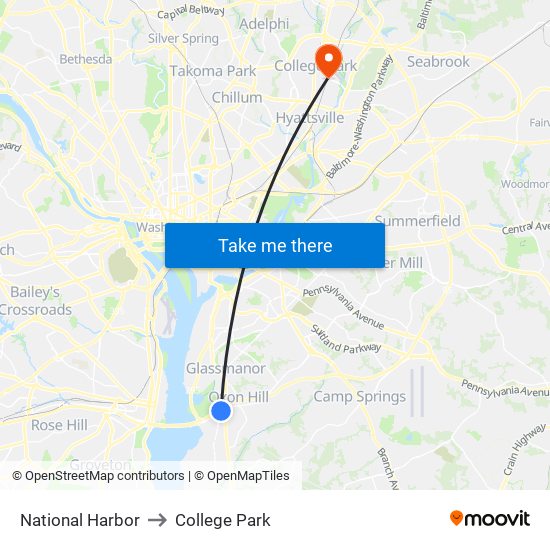 National Harbor to College Park map