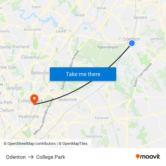 Odenton to College Park map