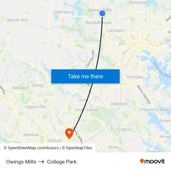 Owings Mills to College Park map