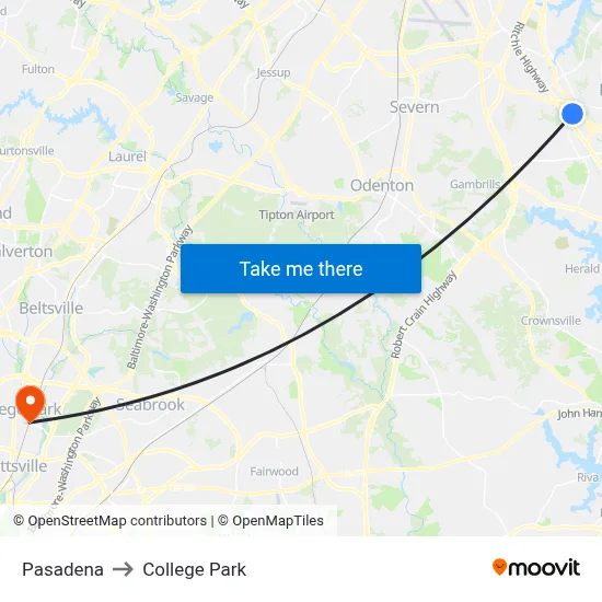 Pasadena to College Park map