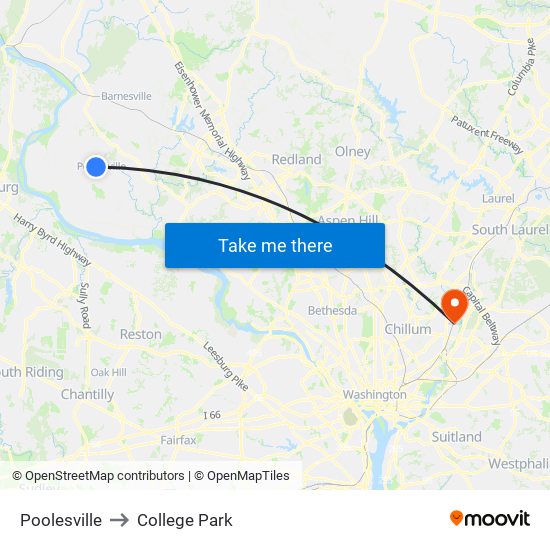 Poolesville to College Park map