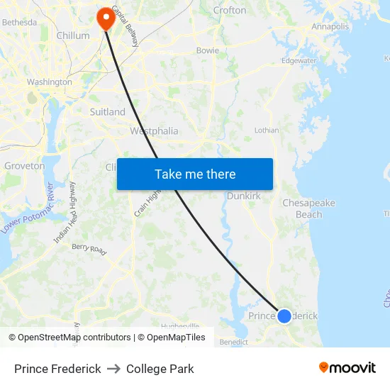 Prince Frederick to College Park map
