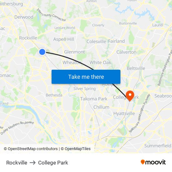 Rockville to College Park map