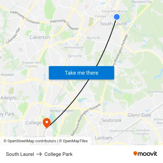 South Laurel to College Park map