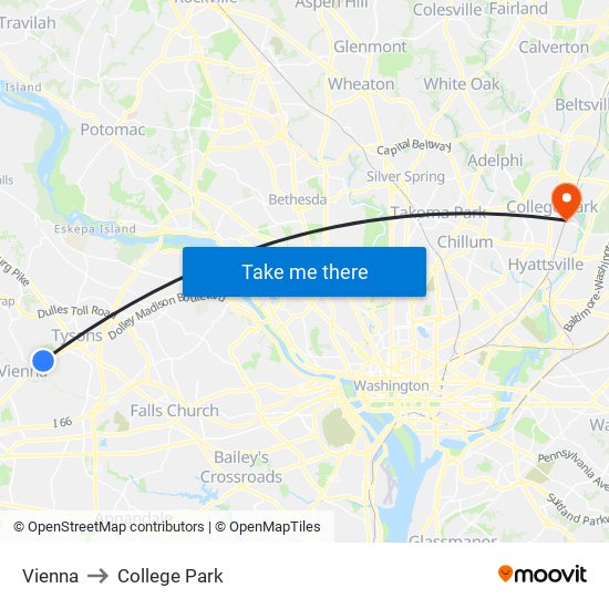 Vienna to College Park map