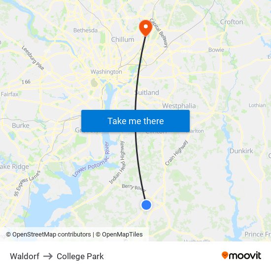 Waldorf to College Park map