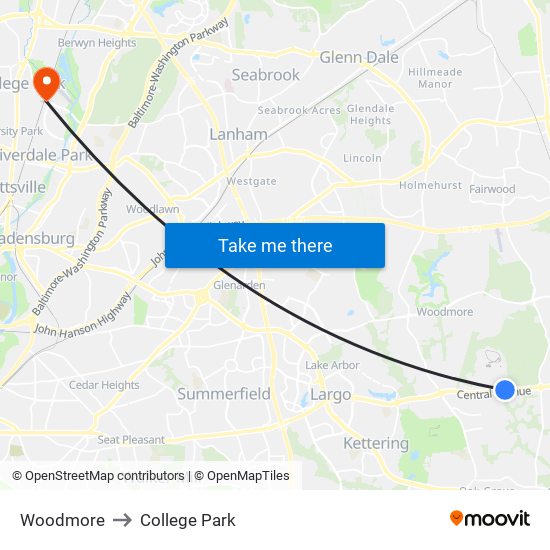 Woodmore to College Park map