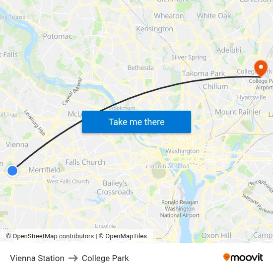Vienna Station to College Park map