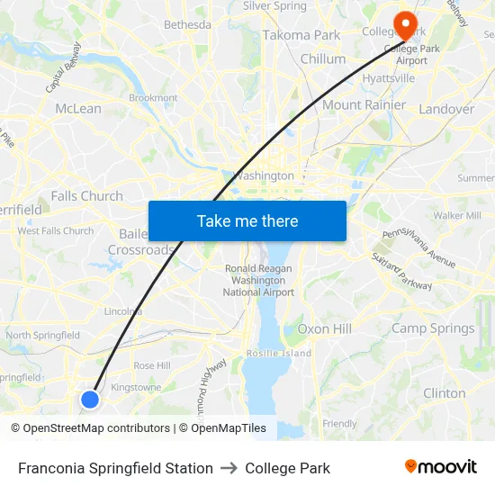 Franconia Springfield Station to College Park map