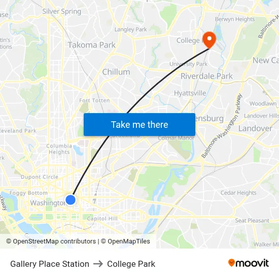 Gallery Place Station to College Park map