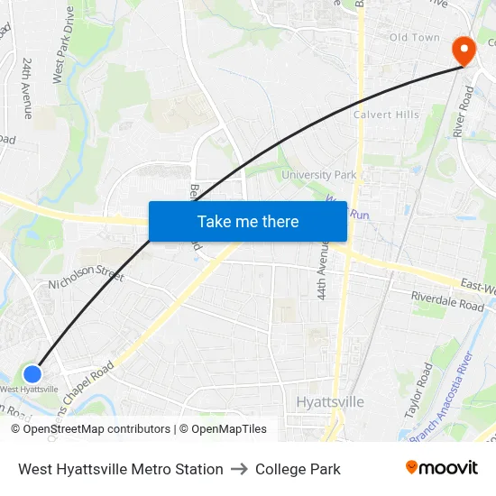 West Hyattsville Metro Station to College Park map