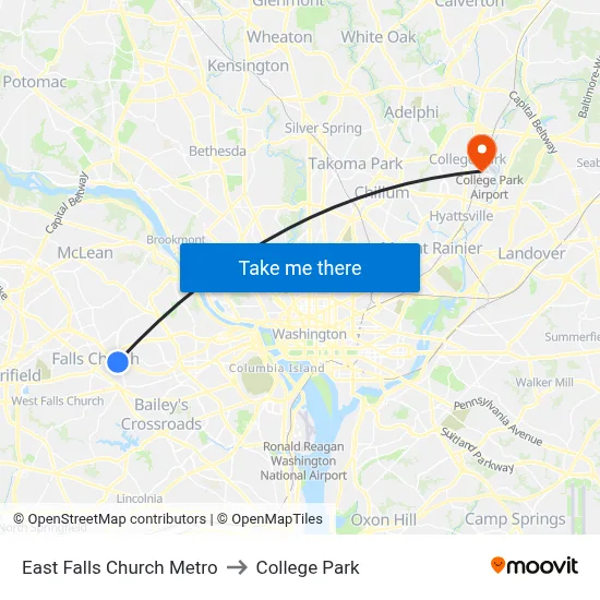 East Falls Church Metro to College Park map