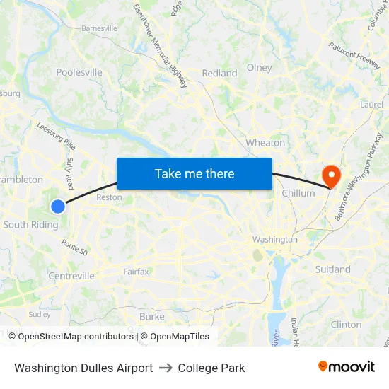 Washington Dulles Airport to College Park map