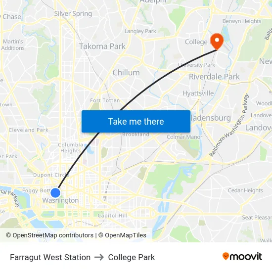 Farragut West Station to College Park map