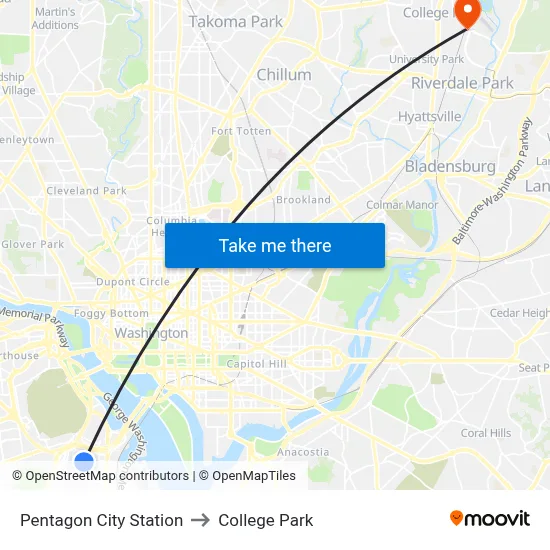 Pentagon City Station to College Park map