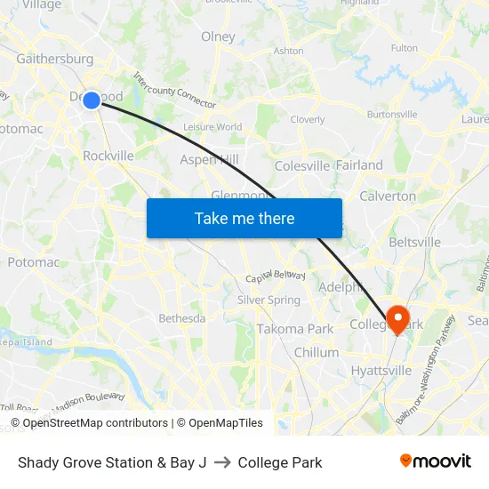 Shady Grove Station  & Bay J to College Park map