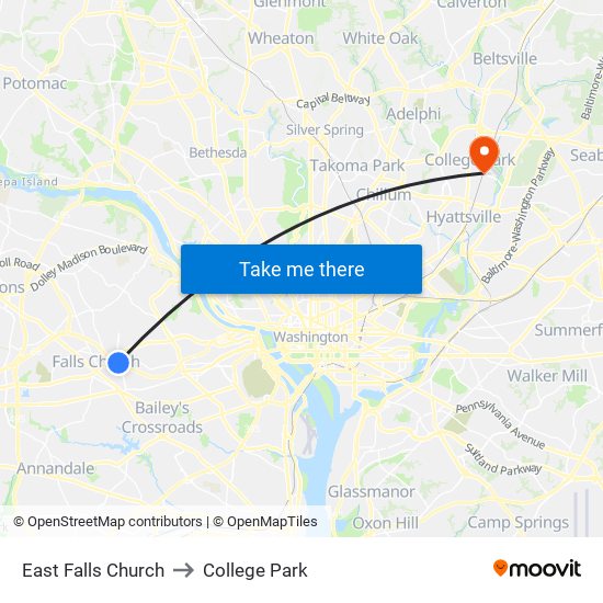 East Falls Church to College Park map