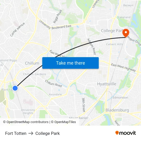 Fort Totten to College Park map