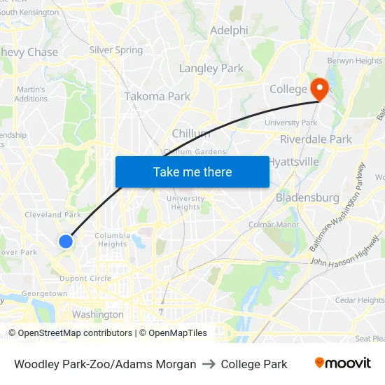Woodley Park-Zoo/Adams  Morgan to College Park map