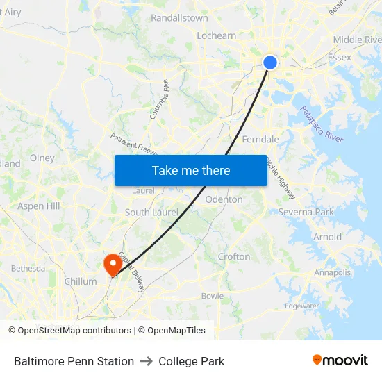 Baltimore Penn Station to College Park map
