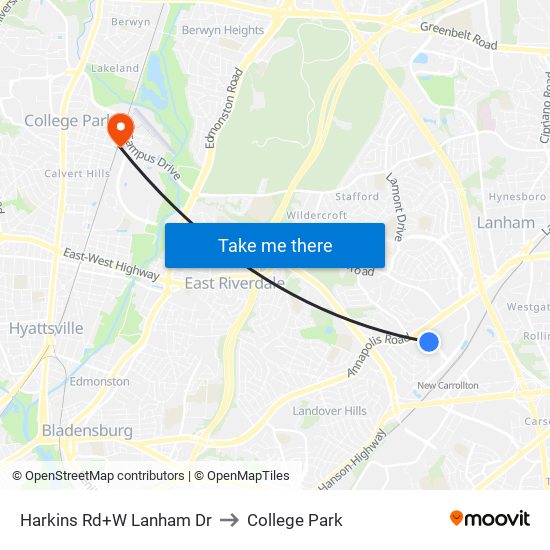 Harkins Rd+W Lanham Dr to College Park map