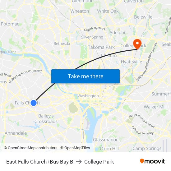 East Falls Church+Bay B to College Park map