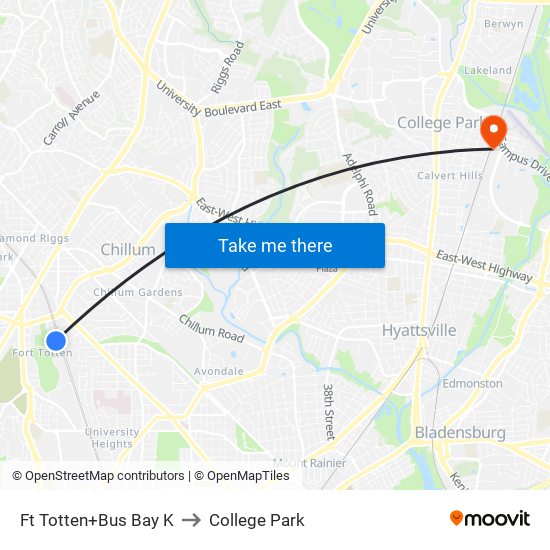 Fort Totten+Bay K to College Park map