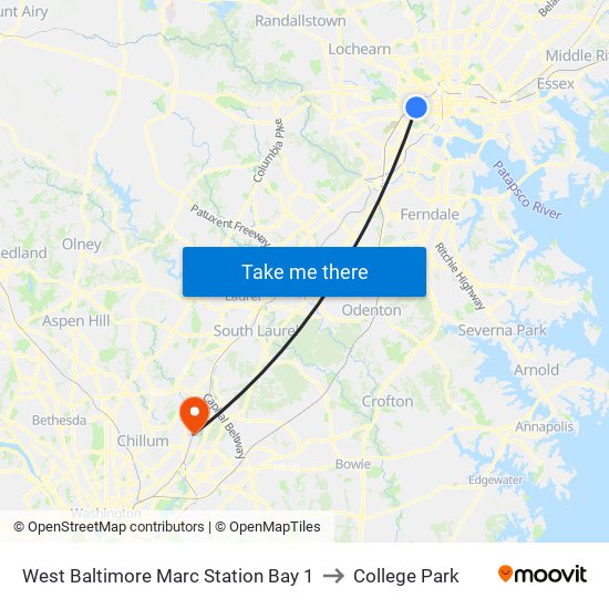 West Baltimore Marc Station Bay 1 to College Park map