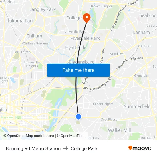 Benning Rd Metro Station to College Park map