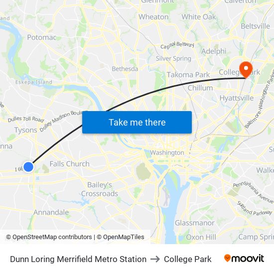 Dunn Loring Merrifield Metro Station to College Park map