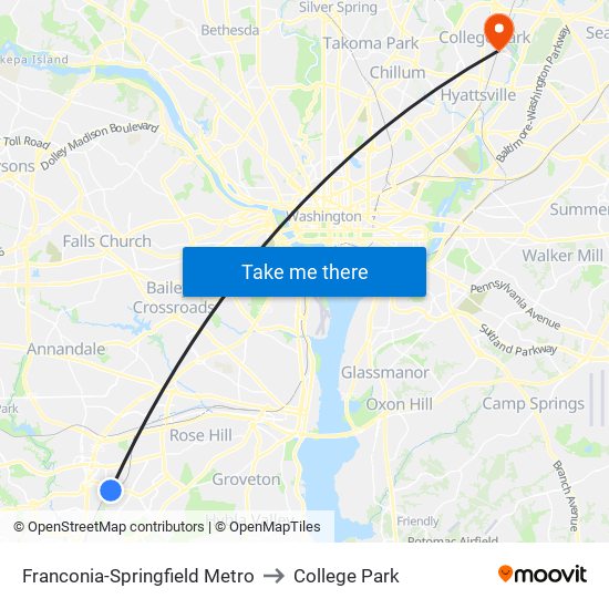 Franconia-Springfield Metro to College Park map