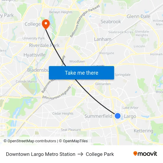 Downtown Largo Metro Station to College Park map