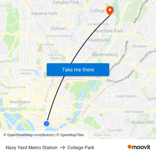 Navy Yard Metro Station to College Park map