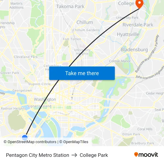 Pentagon City Metro Station to College Park map