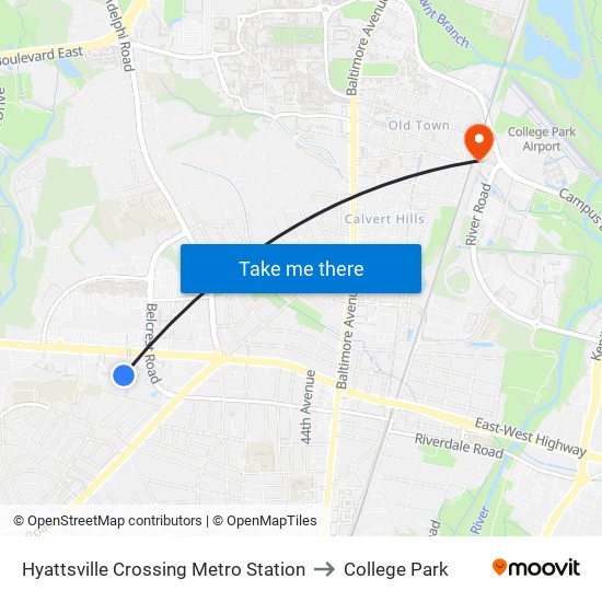 Hyattsville Crossing Metro Station to College Park map