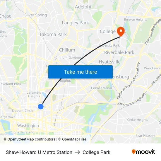 Shaw-Howard U Metro Station to College Park map