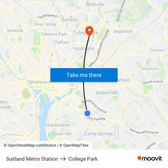 Suitland Metro Station to College Park map