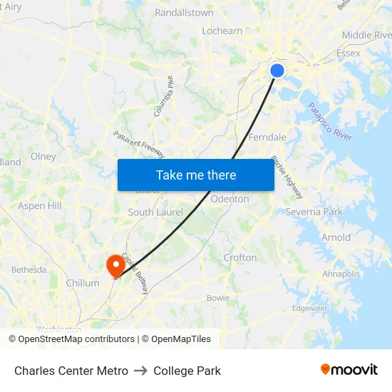 Charles Center Metro to College Park map