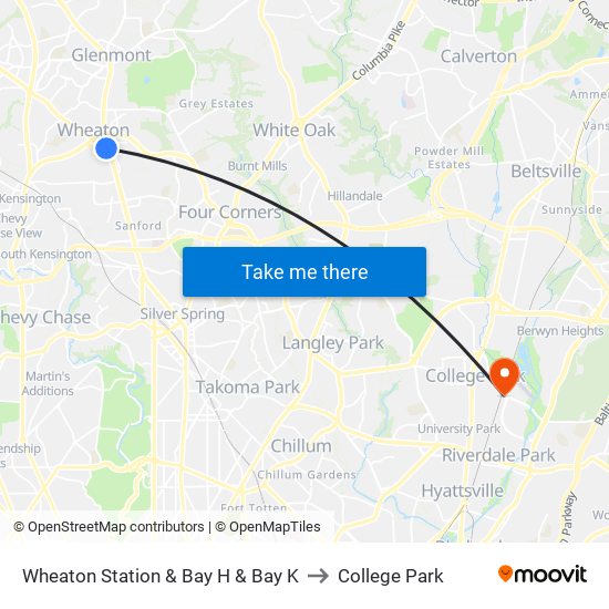 Wheaton Station  & Bay H & Bay K to College Park map