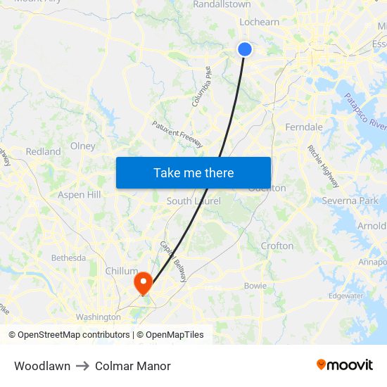 Woodlawn to Colmar Manor map