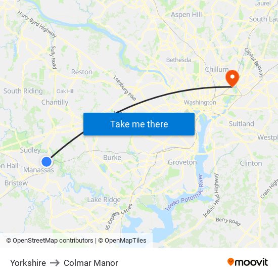 Yorkshire to Colmar Manor map