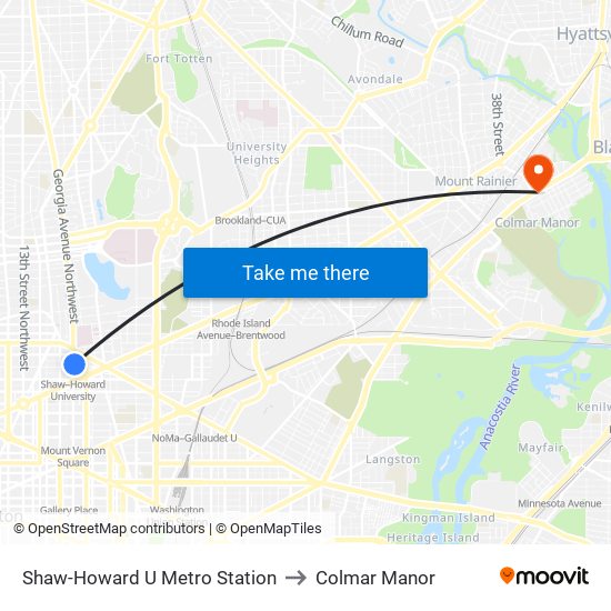 Shaw-Howard U Metro Station to Colmar Manor map