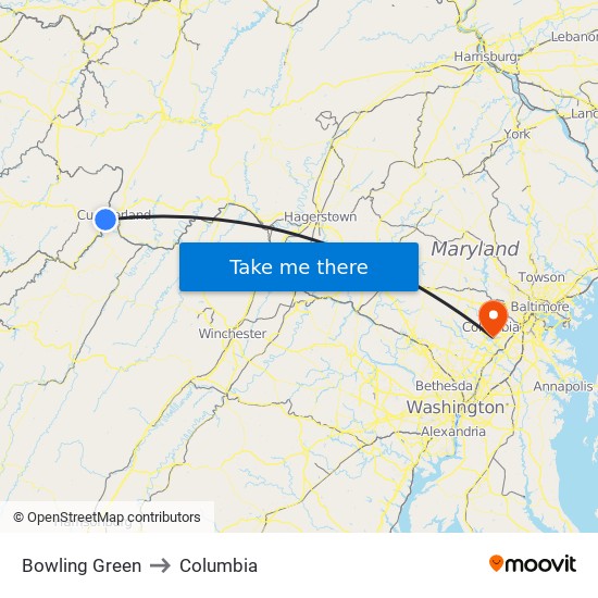 Bowling Green to Columbia map