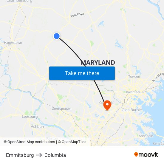 Emmitsburg to Columbia map