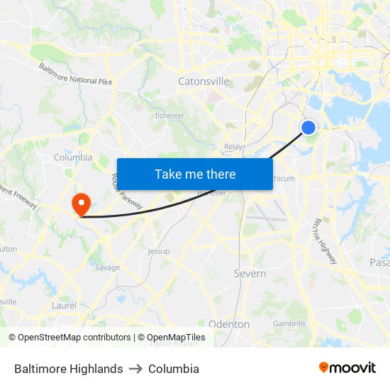 Baltimore Highlands to Columbia map