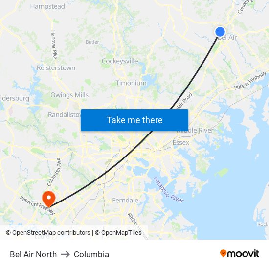 Bel Air North to Columbia map