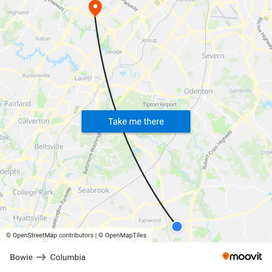 Bowie to Columbia map