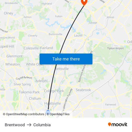 Brentwood to Columbia map